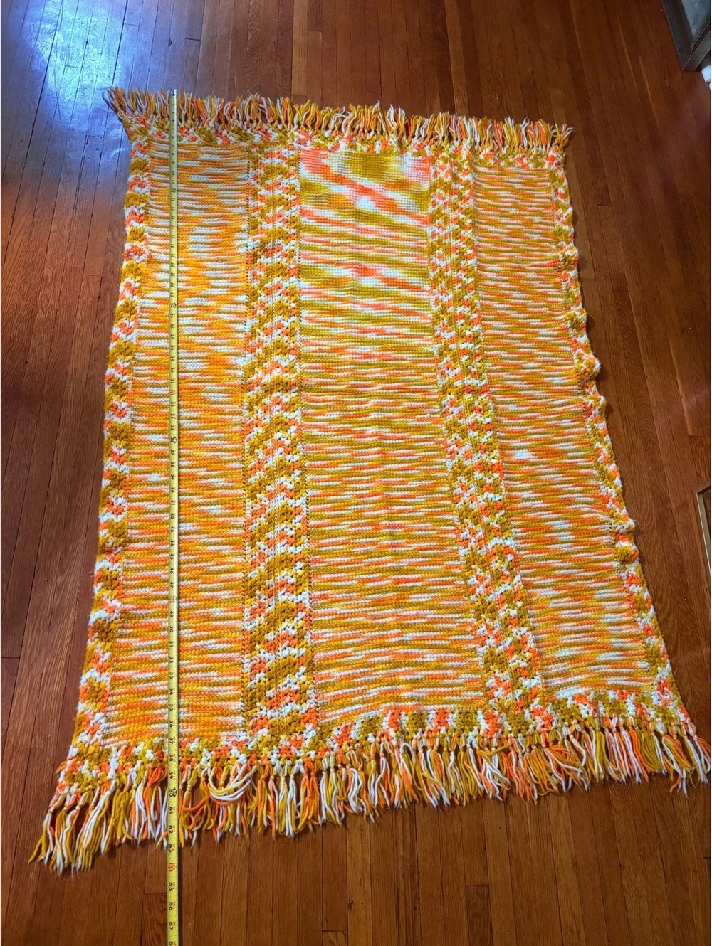 Handmade Crocheted Afghan Throw Blanket 45x65 Orange Mustard White Fringe Boho